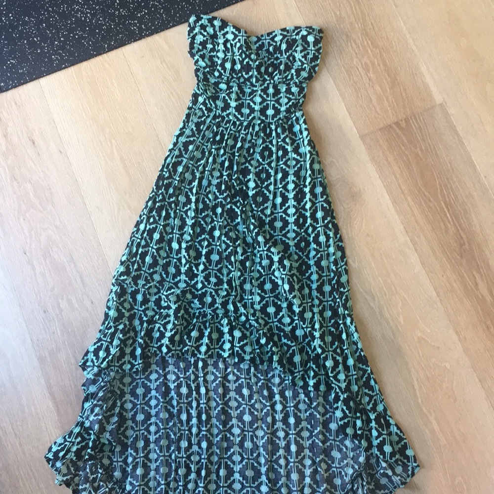 High low teal with black print dress